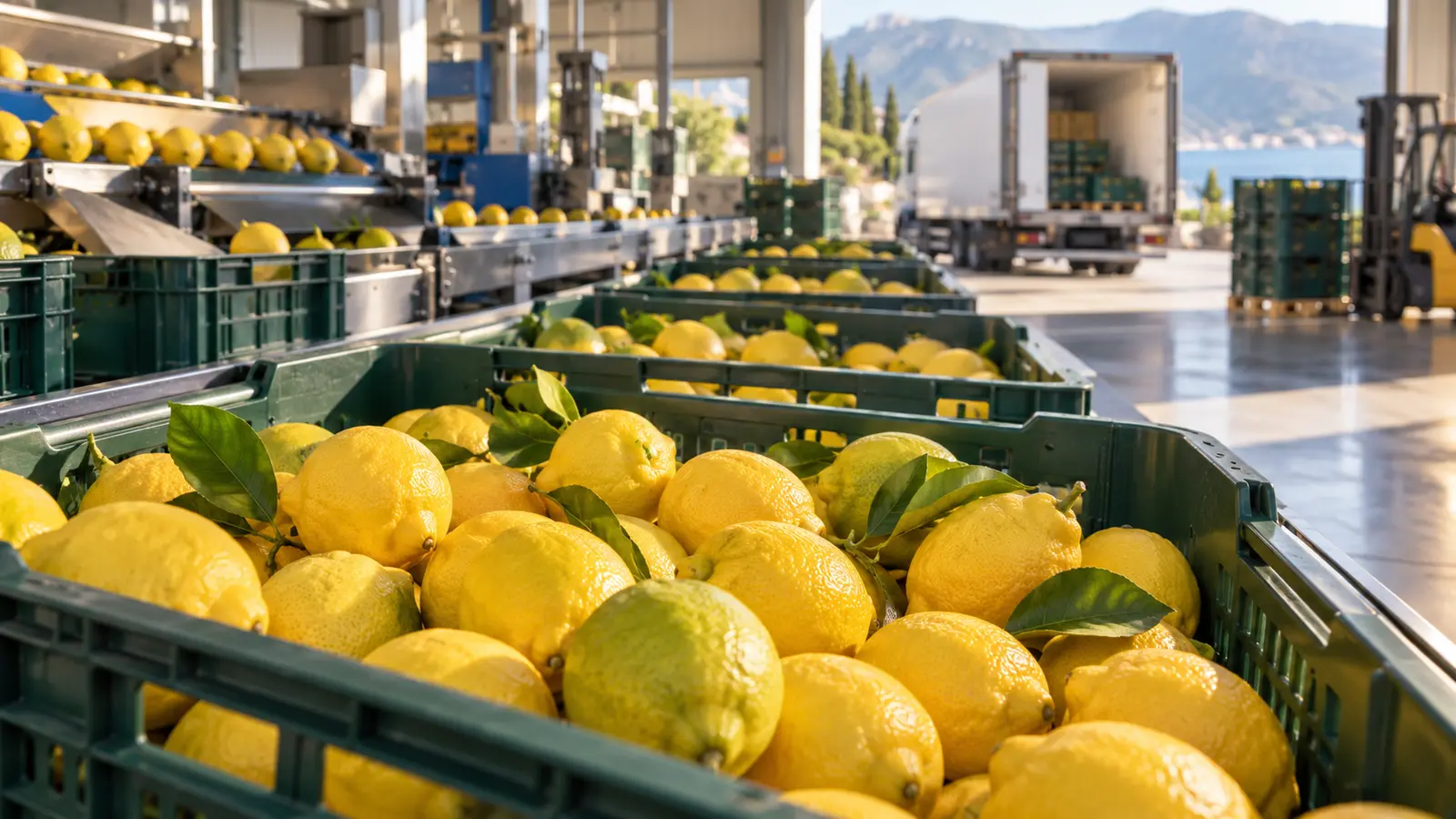 İhracat paketleme tesisinde kasalara ayrılan taze limonlar